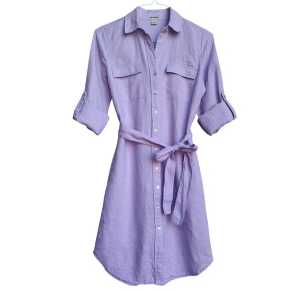 MAGASCHONI NWOT Lavender Linen Button Front Belted Roll Sleeve Shirt Dress S/P - Picture 1 of 13